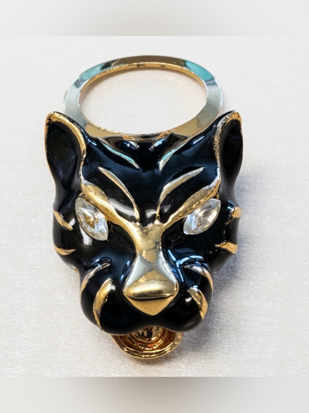 Vintage Michele Lynn Black Enamel Panther Scarf Clip Slider Rhinestone Eyes